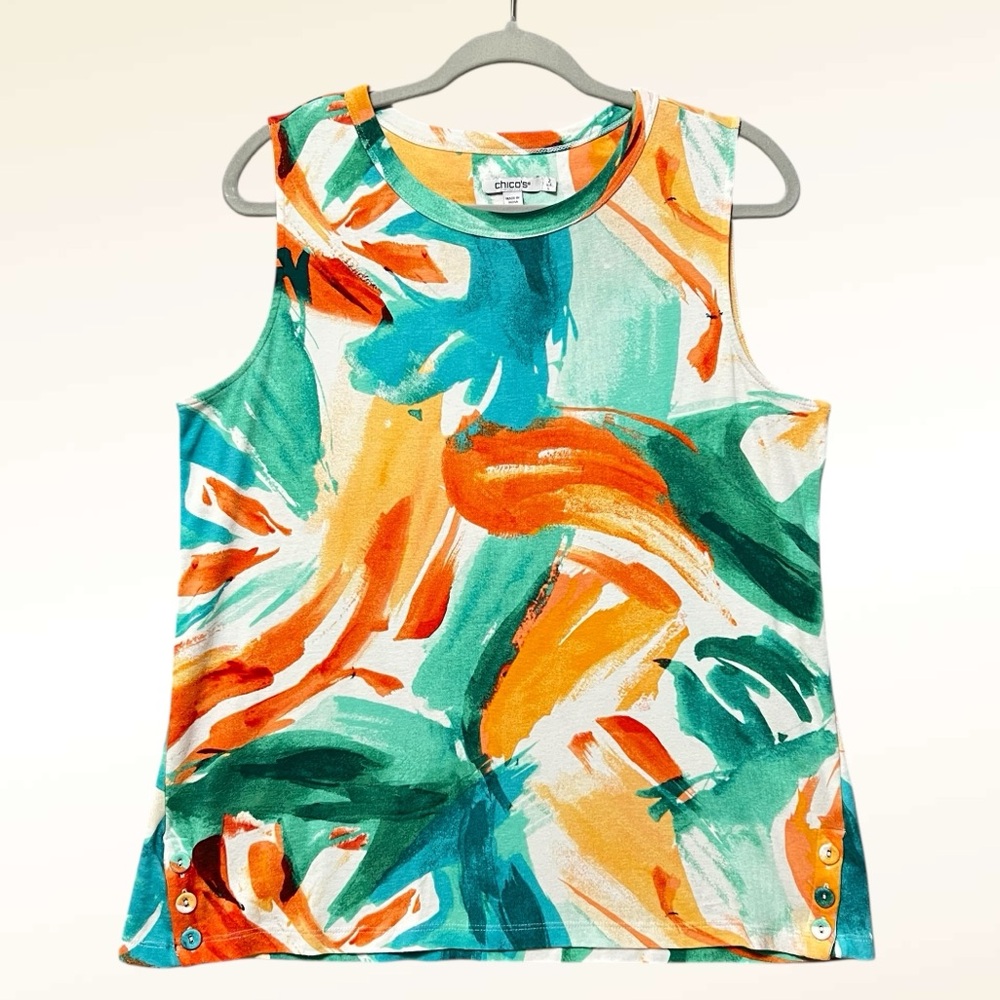 Chico's Colorful Abstract Print Sleeveless Tank Top Size Large Orange Green